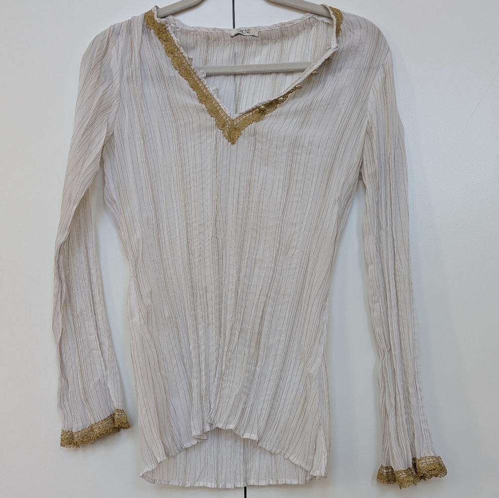 Chic caché Sheer White Blouse with Gold Trim